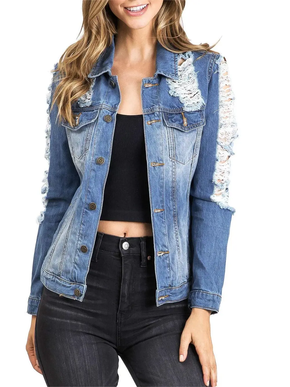 Distressed Long Sleeve Denim Jacket