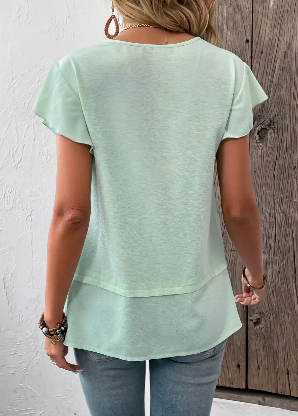 Mint Green Patchwork Short Sleeve Round Neck Blouse