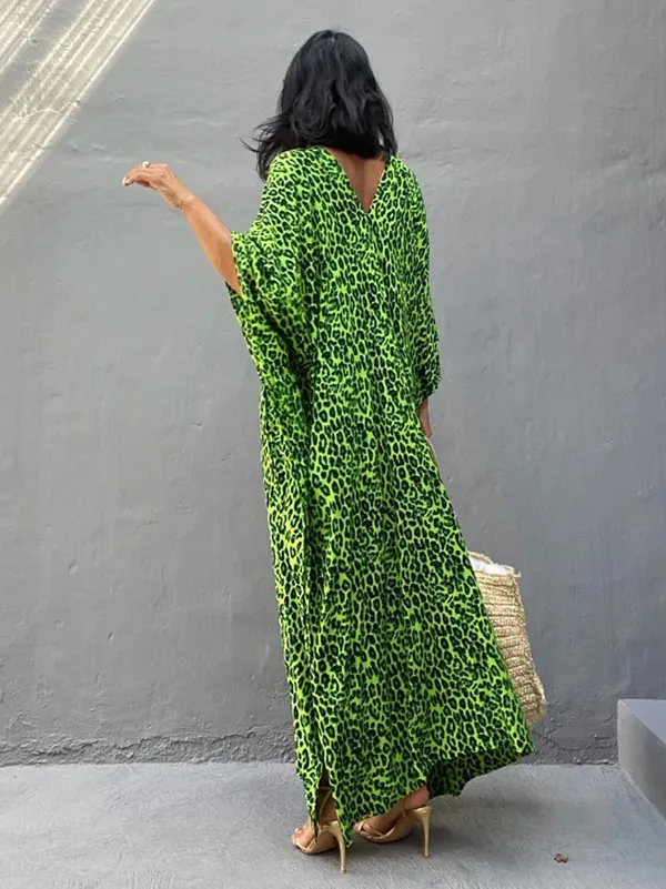 Green Leopard V-Neck Split-Side Batwing Sleeves Maxi Dress