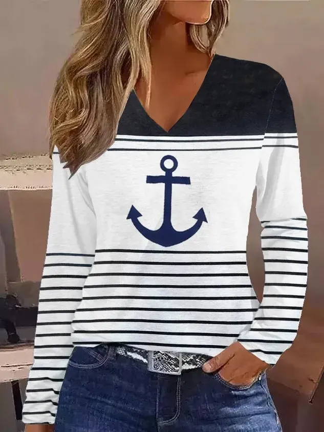 Women Striped V Neck Casual Long Sleeve T-shirt