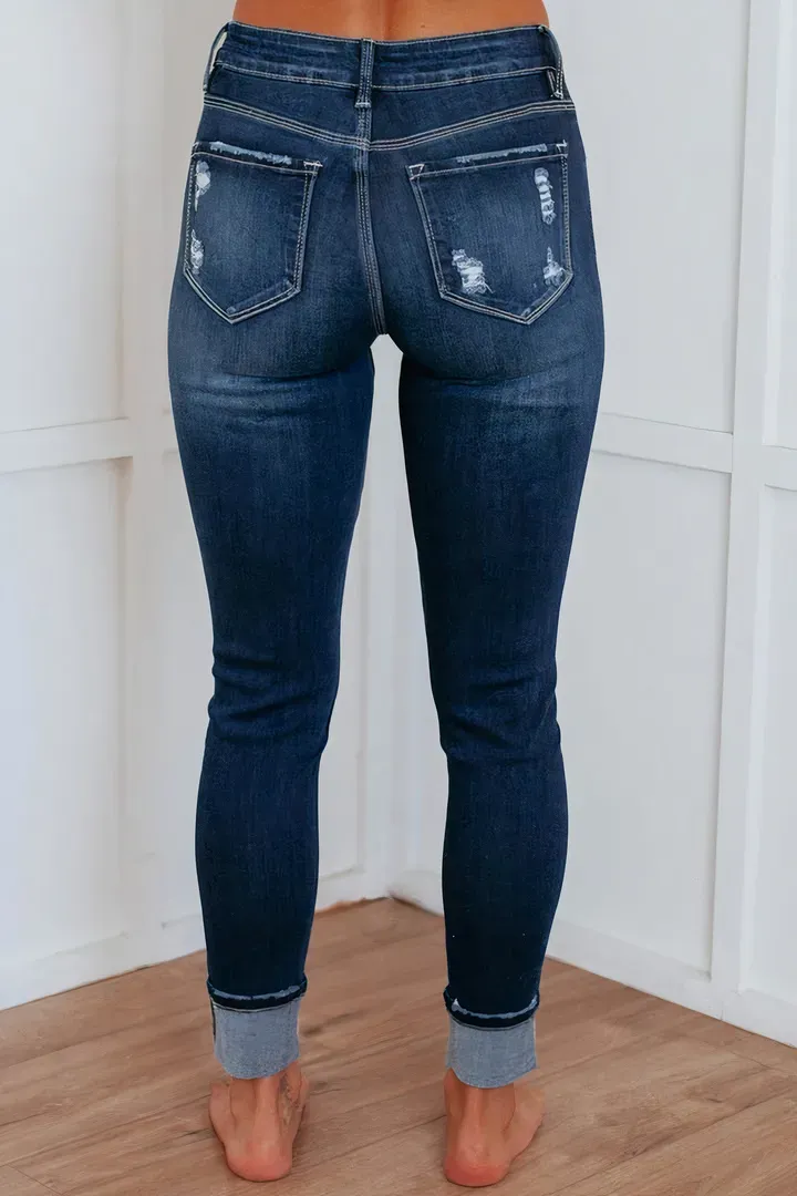 Multi Button Distressed Roll Up Hem Mid Waist Skinny Jeans