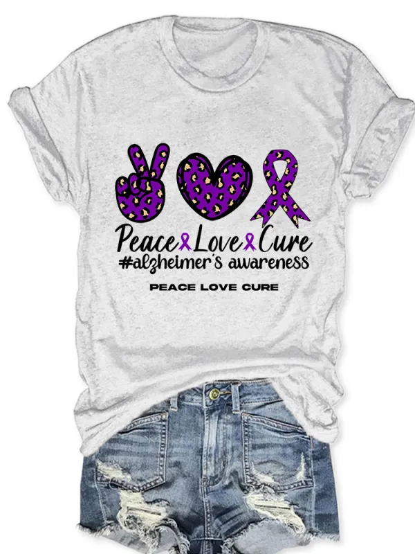 Women'S Peace Love Cure Alzheimer'S Awareness Round-Neck T-Shirt