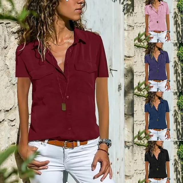 Women's Blouse Pocket Solid Colored Daily Shirt Collar T-shirt Sleeve Light Summer Blue Black Purple Dark Red Pink