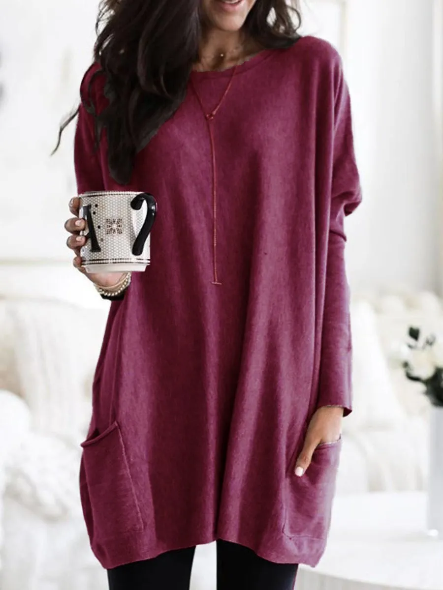 Casual Pocket Long Sleeve Round Neck T-Shirt