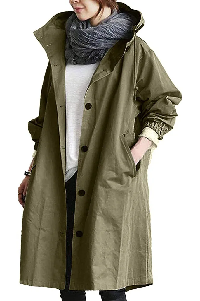 Solid Single Breasted Buttons Hooded Trench Coat