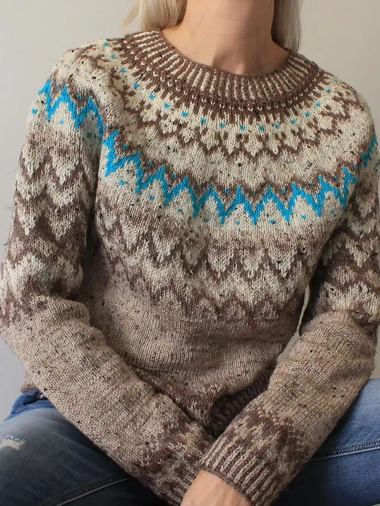 Iceland Contrast Wave Jacquard Crew Neck Sweater