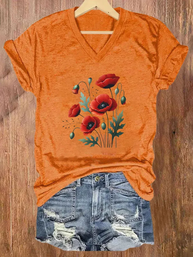 Floral Pattern V-Neck Short-Sleeved T-Shirts