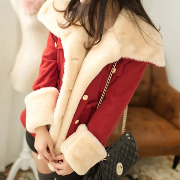 Faux fur trim notch collar double-breasted coat