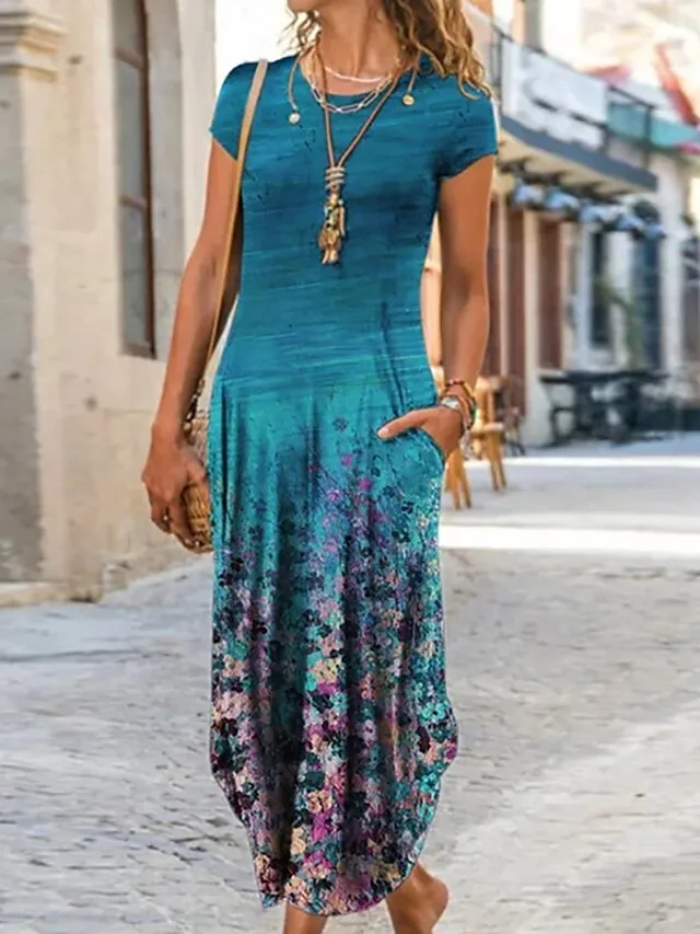 Women's Casual Dress Ethnic Dress Shift Dress Long Dress Maxi Dress Black Pink Wine Short Sleeve Floral Print Spring Summer Crew Neck Vintage Daily Vacation Weekend 2023 S M L XL XXL 3XL