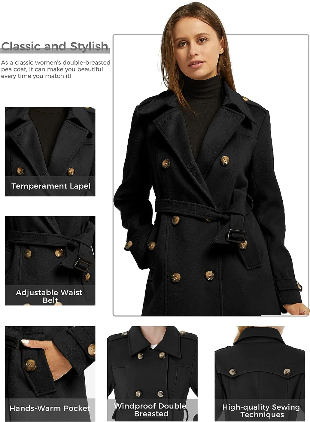 Women's Double Breasted Pea Coat Winter Mid-Long Trench Coat with Belt