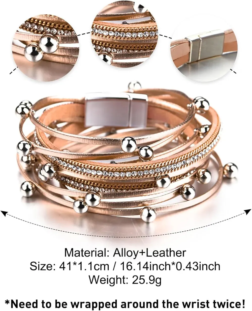 Fesciory Leather Wrap Bracelets for Women, Boho Leopard Multi-Layer Crystal Beads Cuff Bracelet Jewelry