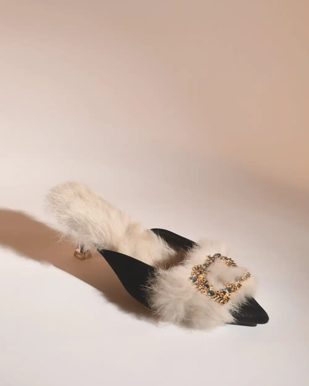 Faux Fur Satin Mules in Black
