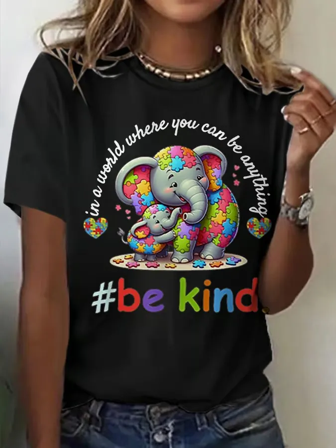Women'S Retro Be Kind Autism Awareness Elephant Print Round Neck T-Shirt