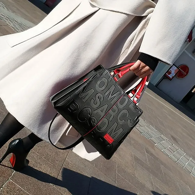 Women's Handbag Shoulder Bag PU Leather Outdoor Daily Large Capacity Waterproof Durable Letter Black / Red Black & Yellow