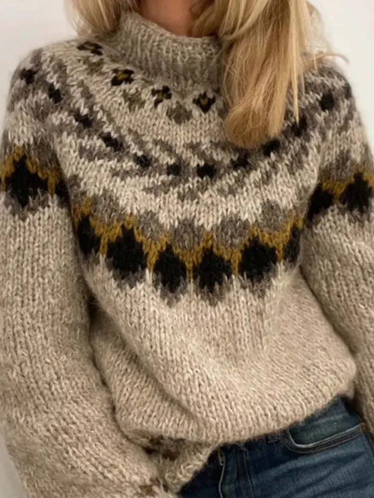 Vintage Geometric Contrast Jacquard Mid Neck Sweater