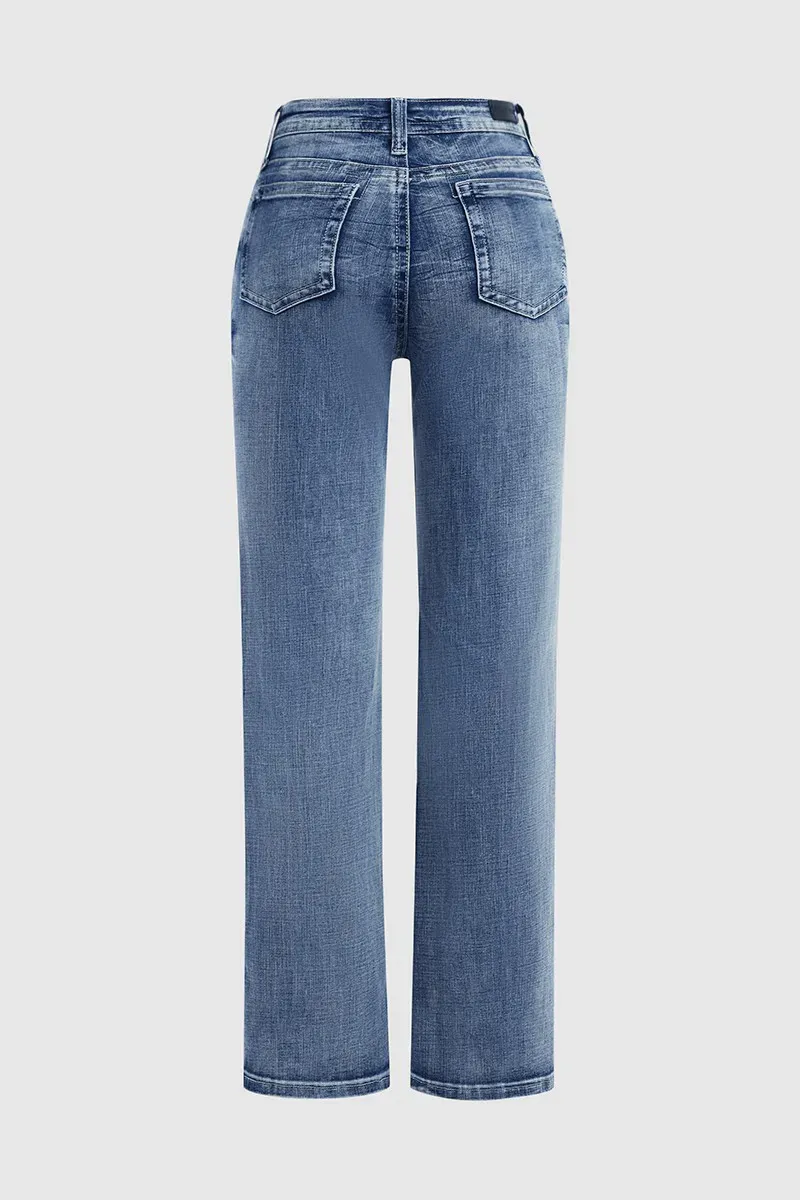 Pocket Detail Mid Rise Straight Leg Jeans