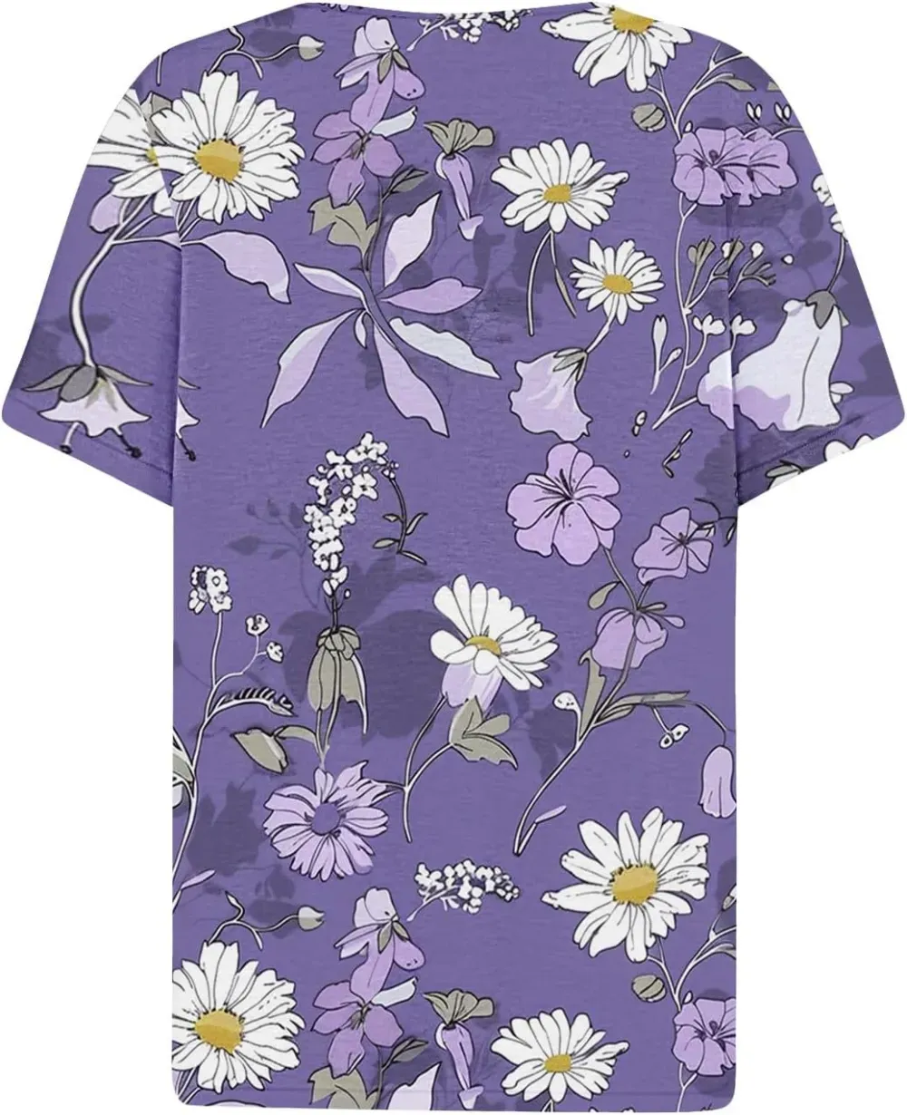 Shirts for Women Casual Printed Summer Tops Short-Sleeved Button V-Neck Tops Blouse Fashion Boho T-Shirts