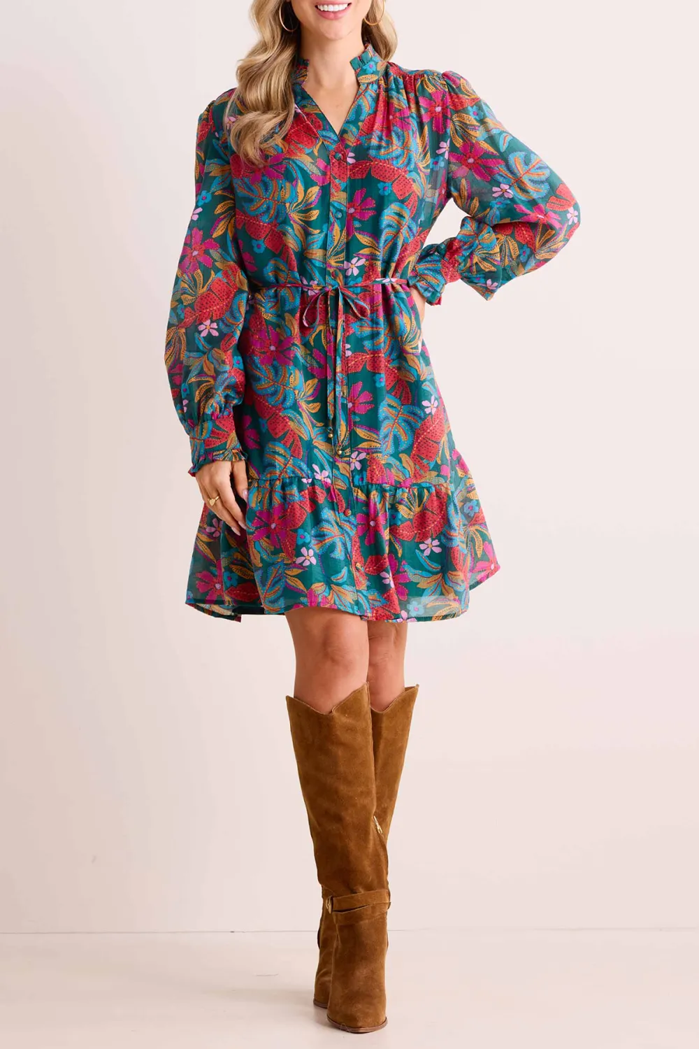 Multicolored Print Puff Sleeve Drawstring Dress