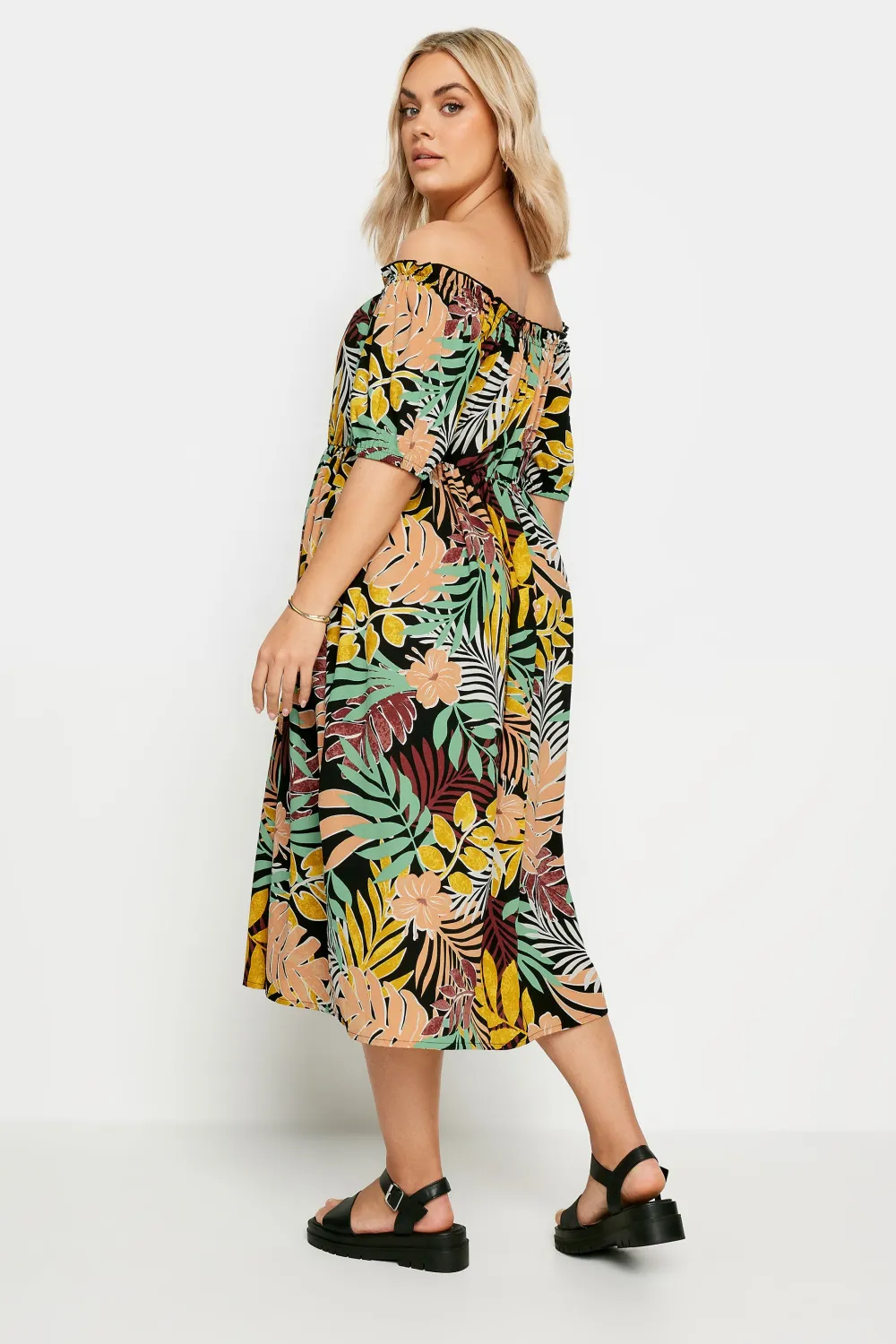 YOURS Curve Black Tropical Print Bardot Midaxi Dress