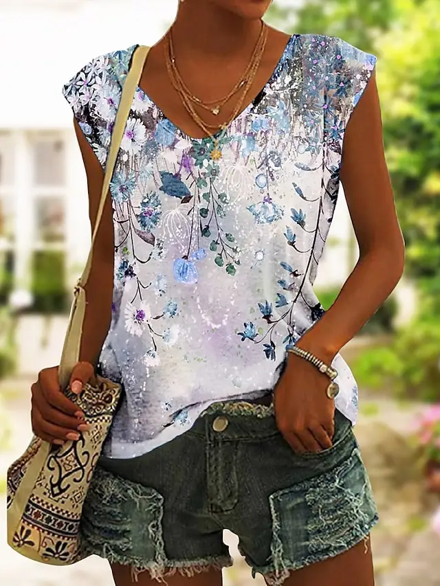 Women's Tank Top Pink Blue Green Floral Print Sleeveless Holiday Basic V Neck Regular Floral S
