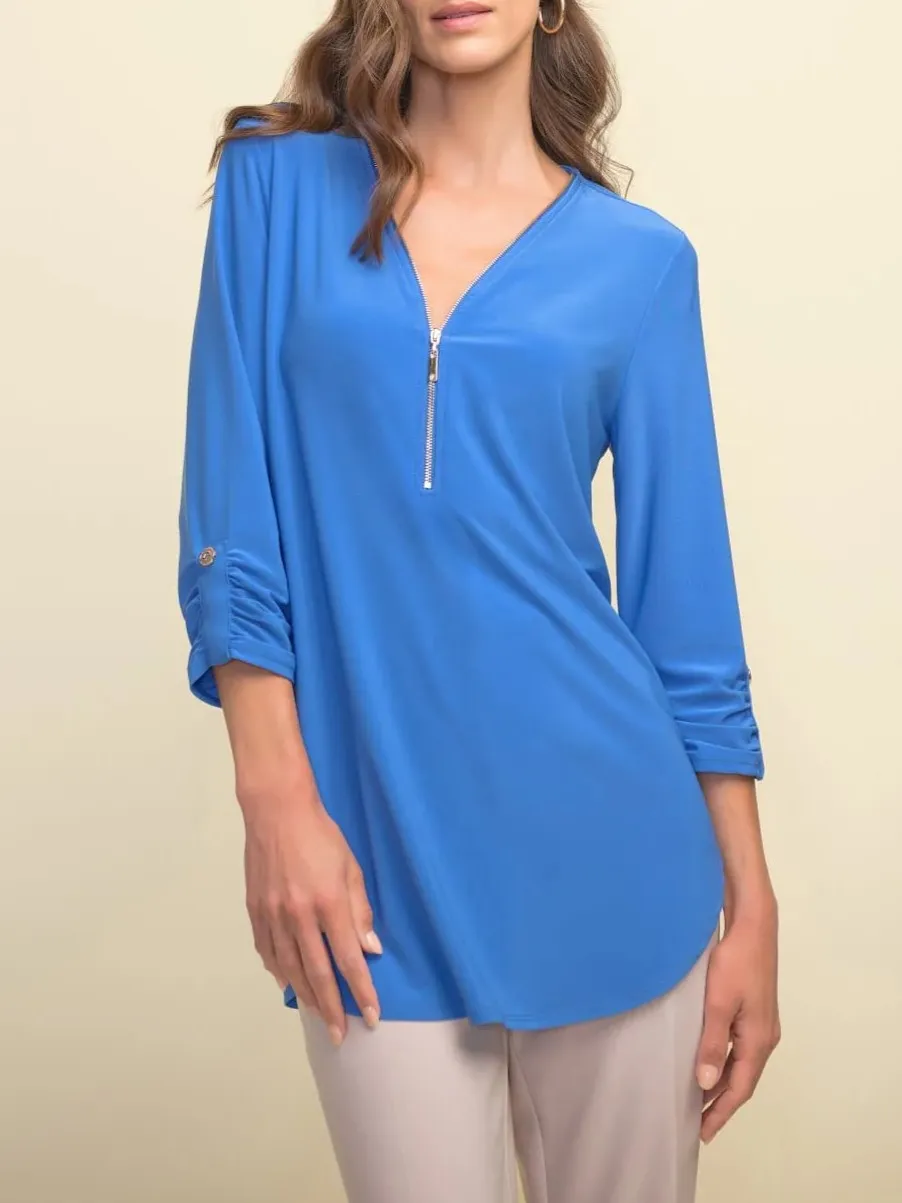 Royal Blue Zip - Front V - Neck Blouse