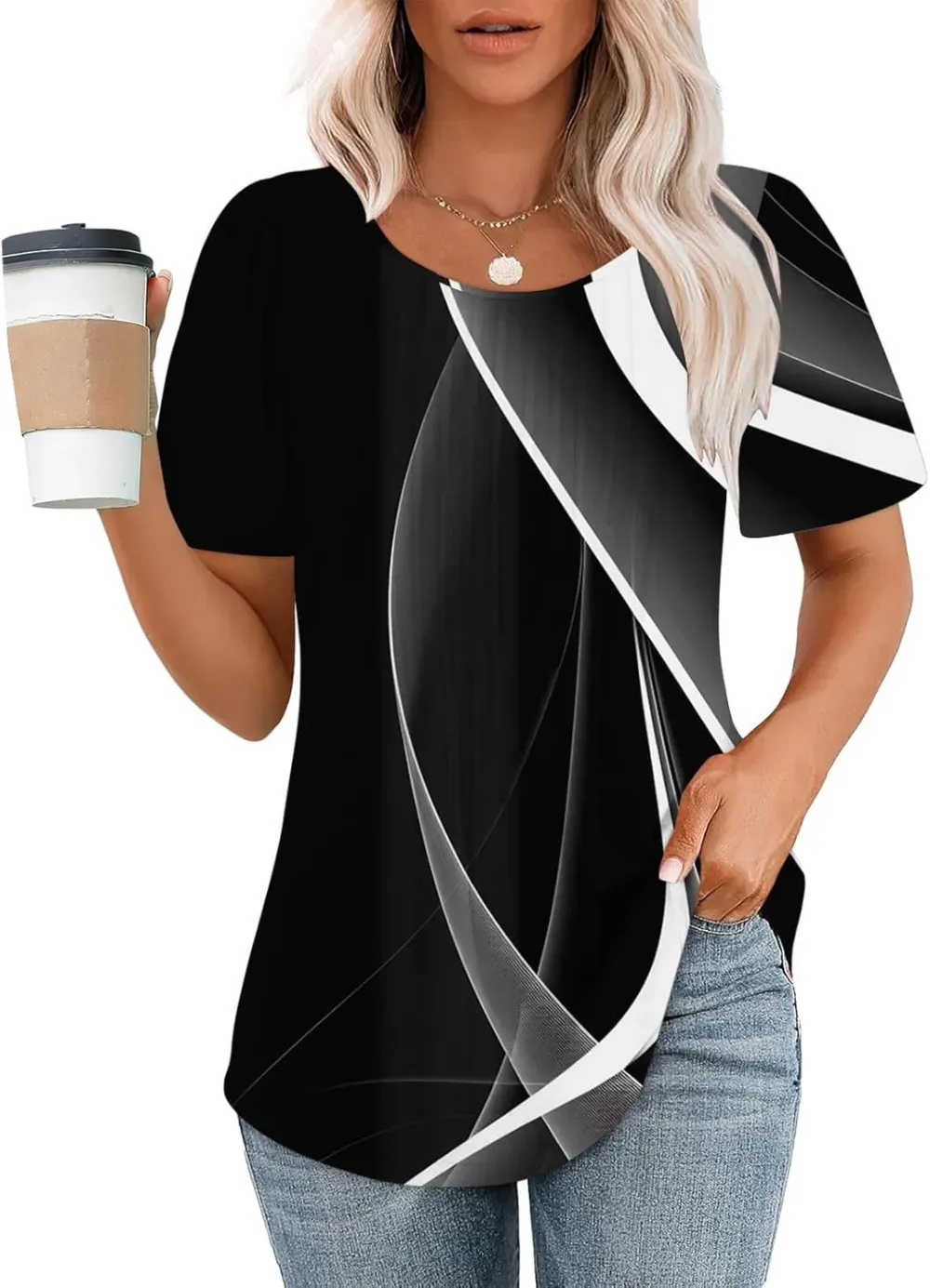 Womens Summer Pleated Front Shirts Tunics Casual Short Sleeved Loose Round Neck Boho Printed Tops Vacation Blouse