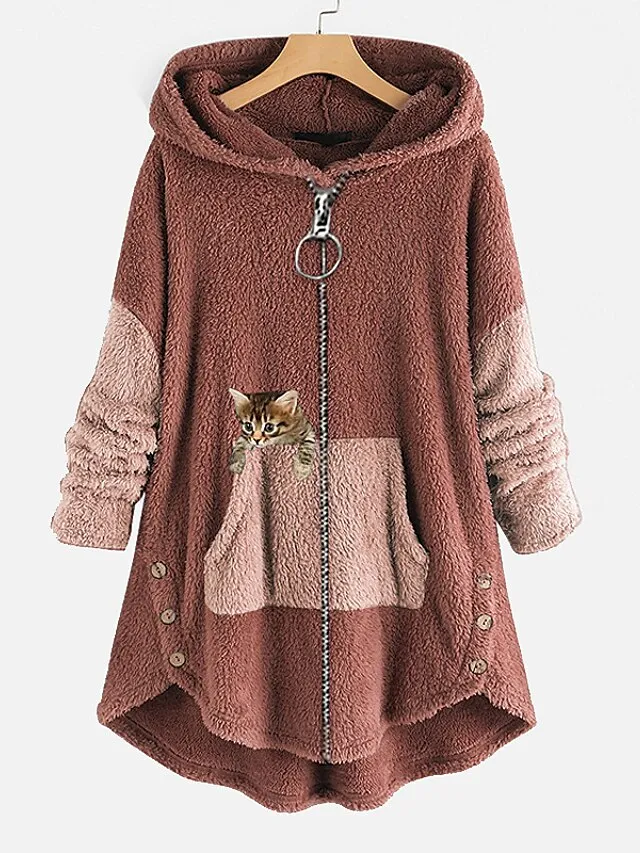Women's Plus Size Teddy Coat Animal Casual Long Sleeve V Wire Regular Fall Winter Green Pink Dark Gray L XL XXL 3XL 4XL