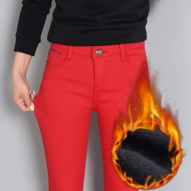 Women‘s Fleece Pants Tights Flannel Trousers lined Blue Purple Wine High Waist Fashion Office Causal Side Pockets High Elasticity Full Length Thermal Warm S M L XL XXL