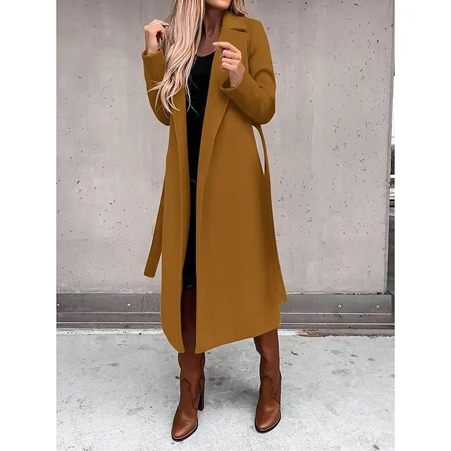 Women's Winter Coat Long Overcoat with Belt Fall Lapel Pea Coat with Pockets Trench Coat Fashion Street Wear Formal Jacket Long Sleeve  Black White Yellow