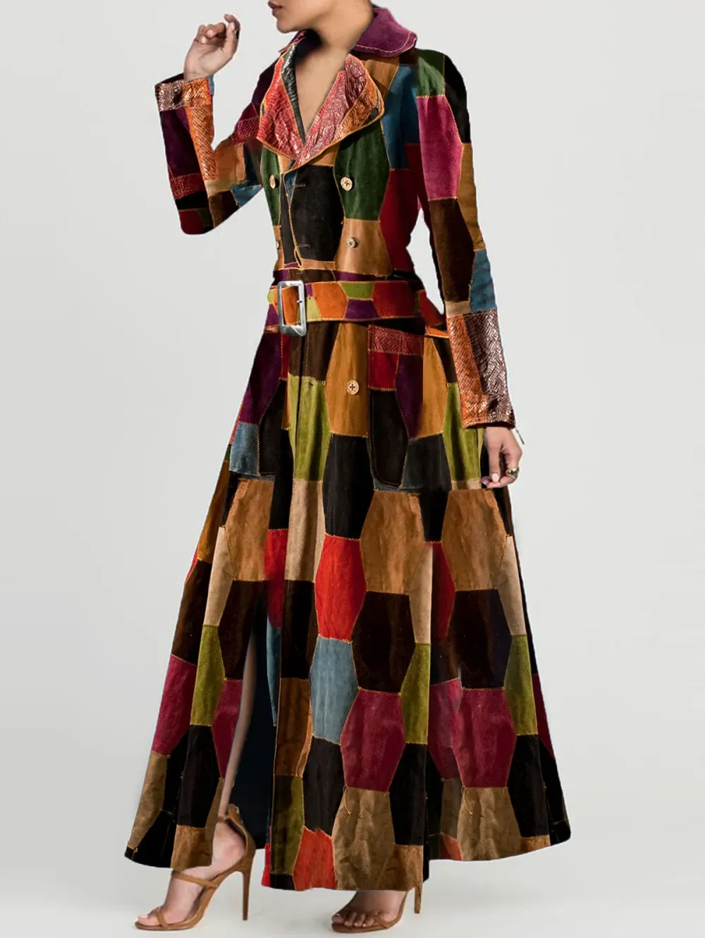 Ursime Fashion Allover Pentagon Pattern Notch Lapel Button Slit Maxi Dress