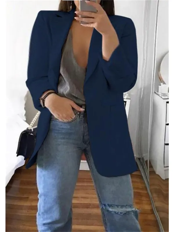 Women's Plus Size Curve Blazer Spring Work to Wear Office Jacket with Pocket Long Sleeve Peaked Lapel Fall Winter