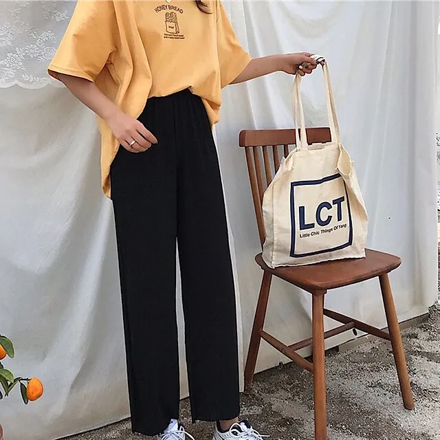 Women's Dress Pants Wide Leg Chinos Ankle-Length Baggy Micro-elastic Mid Waist Fashion Streetwear Daily Weekend Black S M Summer Spring &  Fall