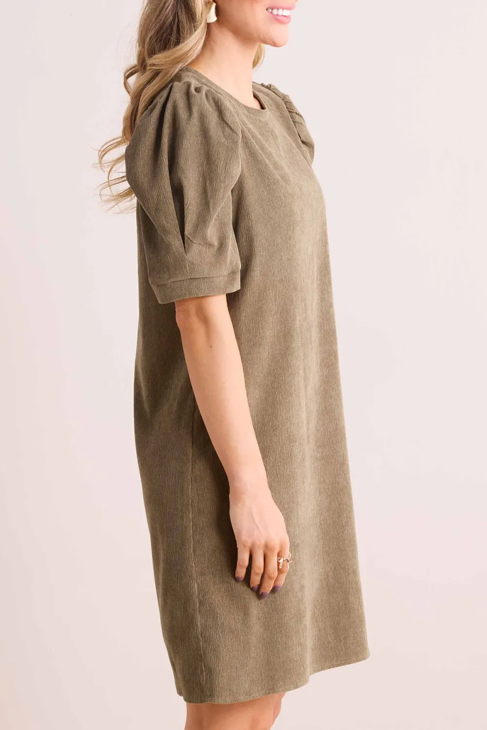 Khaki Puff Sleeve Shift Dress