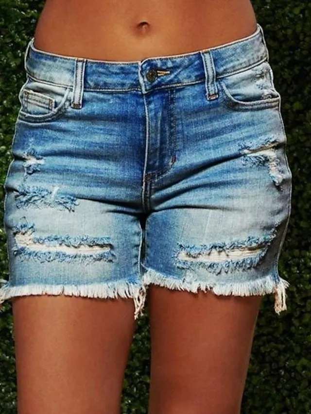 Women's Shorts Denim Plain Tassel Fringe Side Pockets Short Micro-elastic Fashion Casual Weekend Light Blue Dark Grey S M