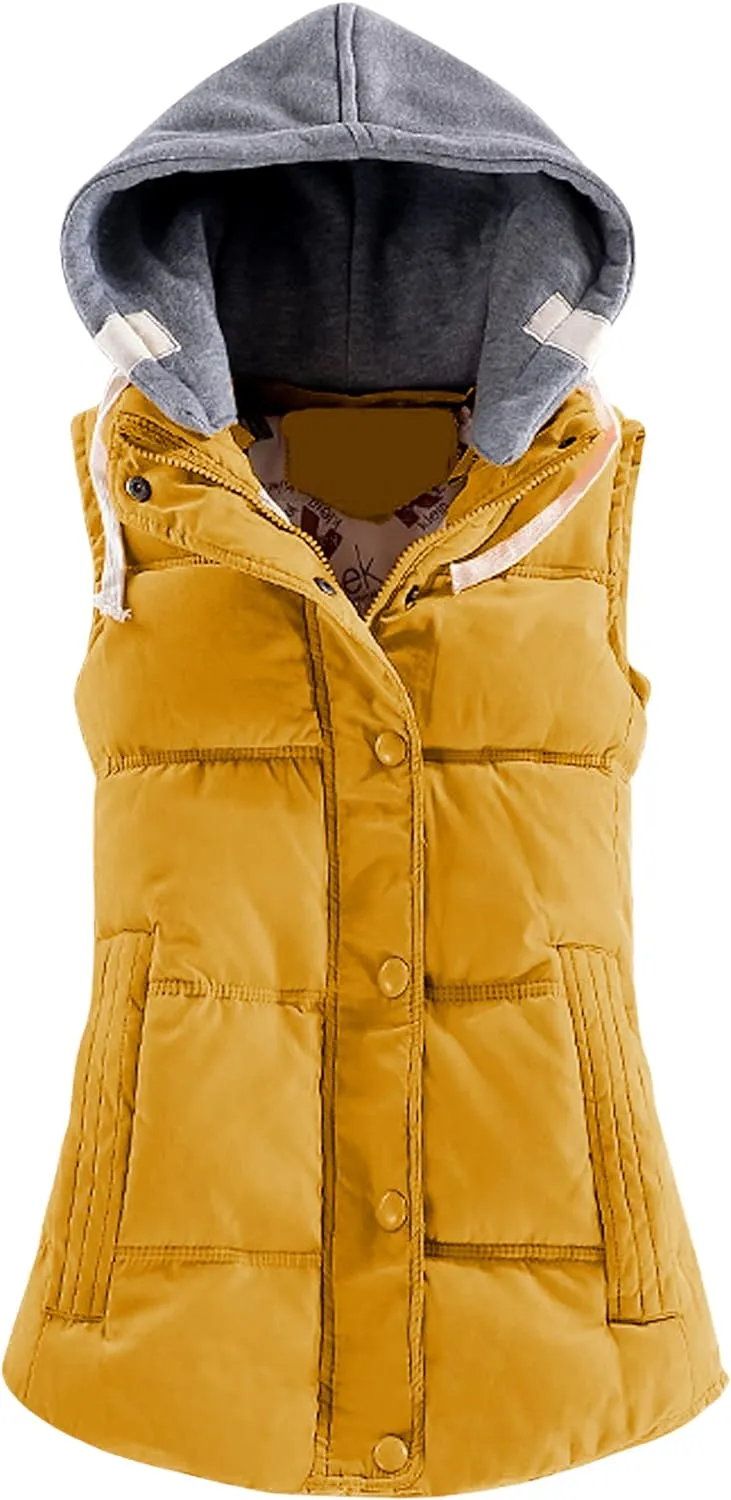 Women's Slim Sleeveless Quilted Removable Hooded Winter Puffer Vest Coat