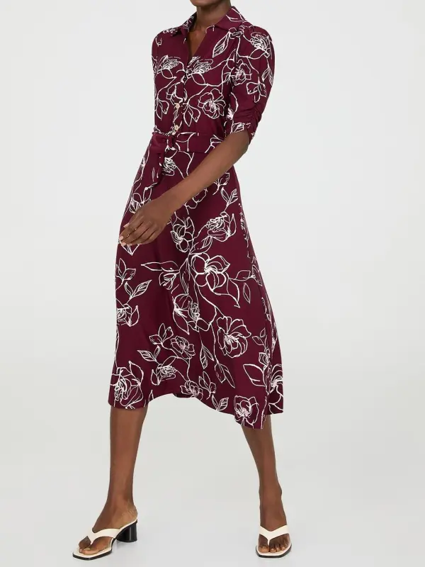 Floral Print Button-Front Midi Dress With Pockets