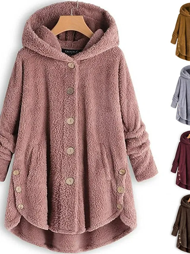 Women's Sherpa Jacket Fleece Teddy Coat Warm Heated Jacket Windproof Hooded Coat with Pocket Pink Minimalism Sweet Loose Fit Outerwear Long Winter Coat