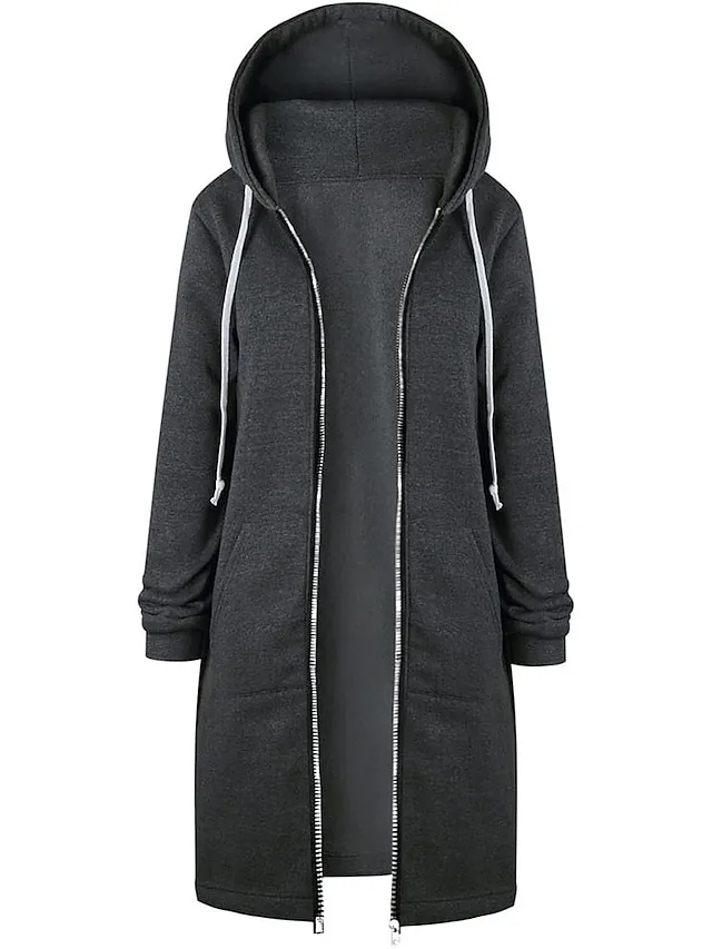 Women's Casual Jacket Fall Windproof Hoodie Jacket with Pockets Casual Workout Regular Long Coat Warm Stylish Long Sleeve Plain Black Pink Wine Sport Street