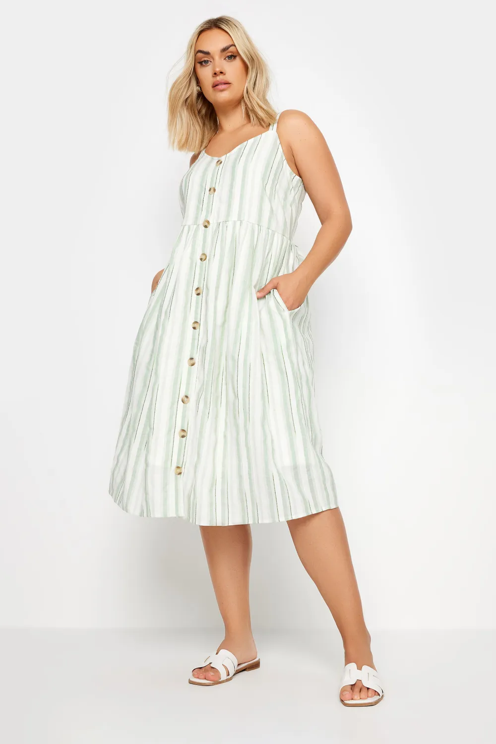 YOURS Curve White & Sage Green Stripe Sundress