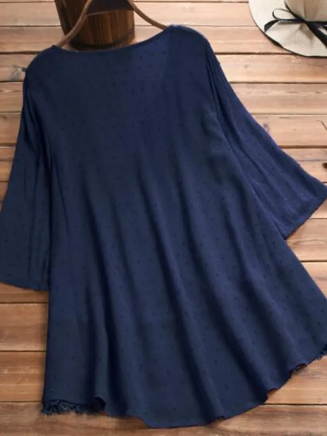 Women's Shirt Blouse White Eyelet Tops Cotton Pure Color White Pink Green Lace Button 3/4 Length Sleeve Daily Basic Casual V Neck Regular Fit Summer Spring Fall