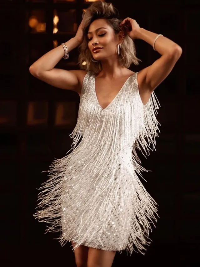 Women‘s Party Dress Fringe Dress Short Mini Dress White Gold Sleeveless Pure Color Tassel Fringe Spring Summer Spaghetti Strap Party Sexy Gatsby Party 2023 S M L XL XXL / Winter