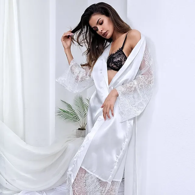 Women's Gift Robes Gown Pajamas Bathrobes Home Christmas Party Wedding Party Lace Patchwork Pure Color Spandex Simple Casual Soft Fall Winter Long Sleeve Lace Up Belt Included