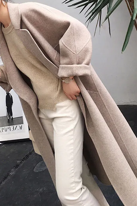 Solid Elegant Faux Woolen Lapel Coat
