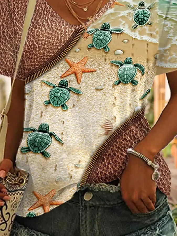V-neck Vacation Sea Turtle Zipper Print T-Shirt