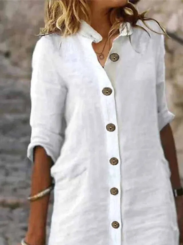 Women's Shirt Dress Casual Dress Cotton Linen Dress Midi Dress Cotton Blend Fashion Basic Outdoor Daily Shirt Collar Button Half Sleeve Summer Spring Fall 2023 Regular Fit Black White Green Plain S M