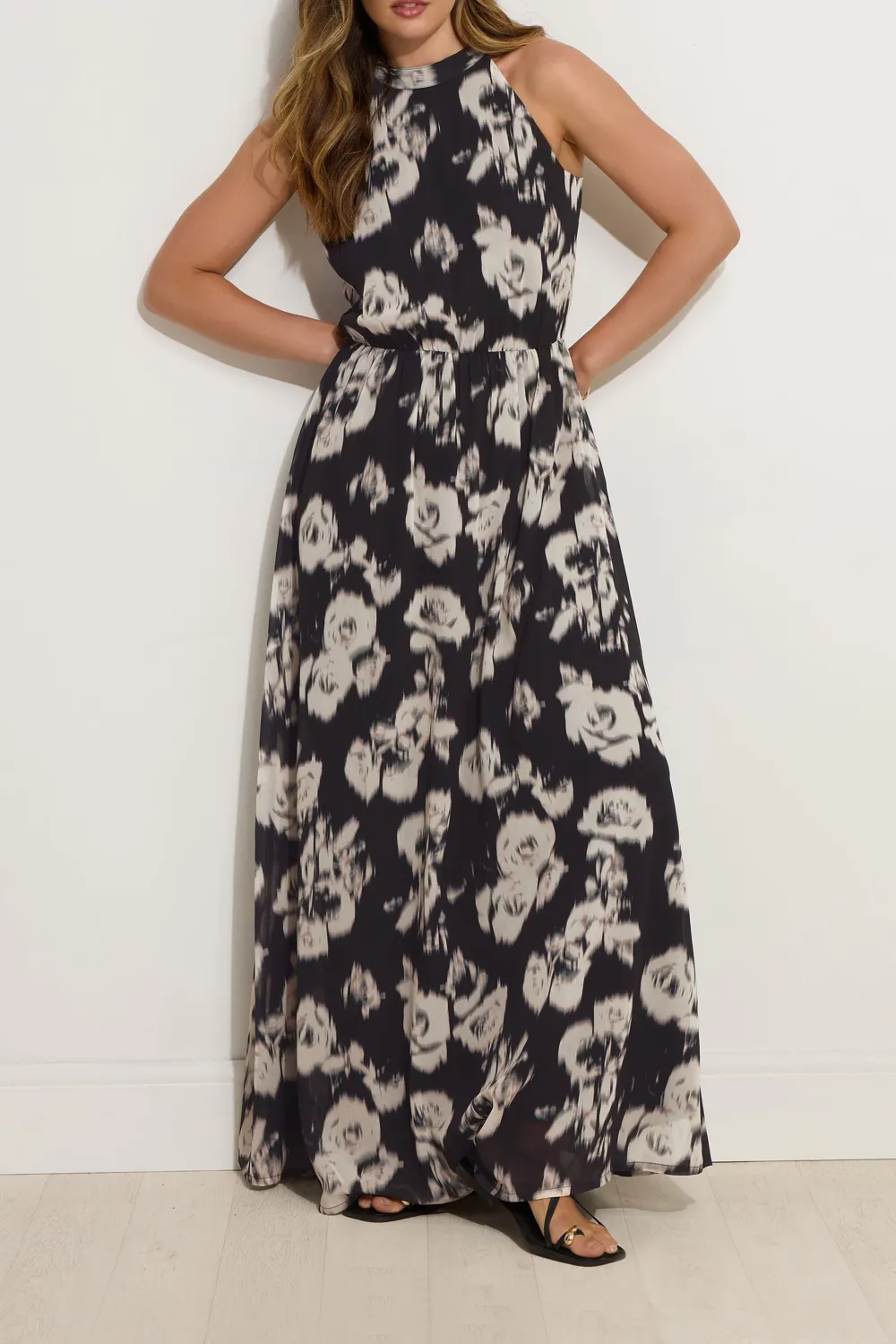 Black Floral Halter Neck Dress