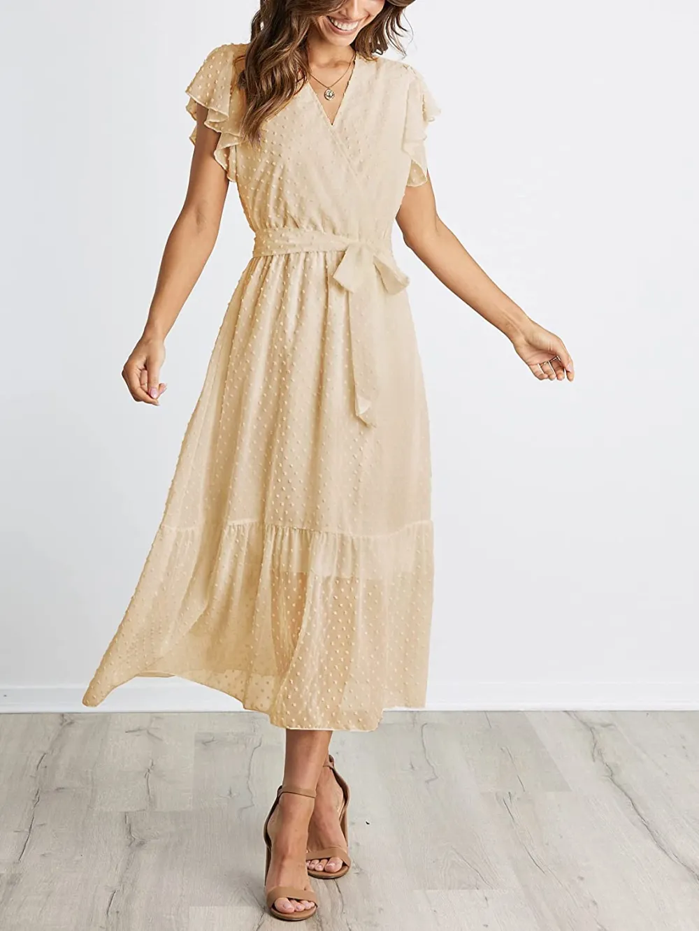 Women Summer Bohemian Floral Casual Wrap V Neck Ruffle Cap Sleeveless Belt A-Line Pleated Hem Swing Midi Sun Dress