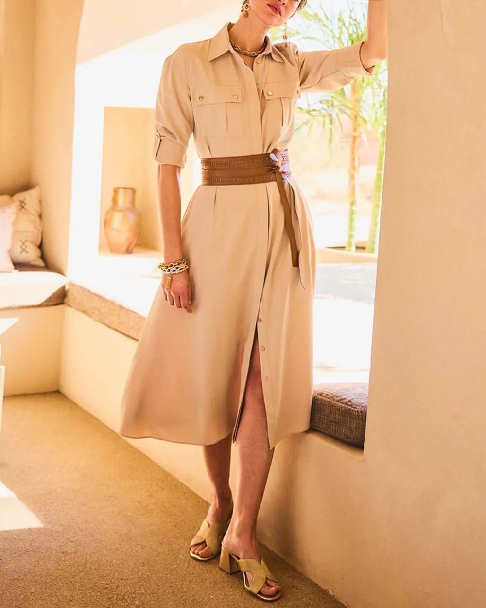 Twill Belted Midi Shirtdress