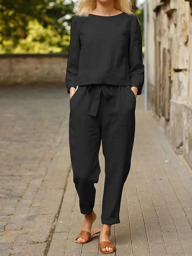 Women's Loungewear Sets Pure Color Simple Casual Comfort Home Daily Vacation Linen Breathable Crew Neck Long Sleeve Shirt Pant Pocket Summer Spring Black Red