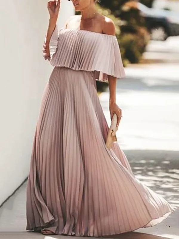 Loose Pleated Solid Color Off-The-Shoulder Maxi Dresses